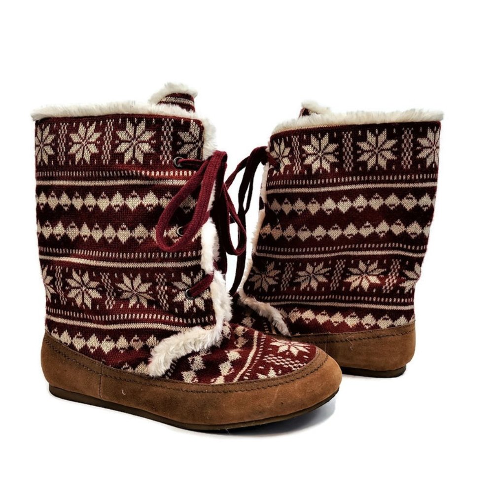 Lucky Brand Booties Sz 7M Red Fair Isle Print